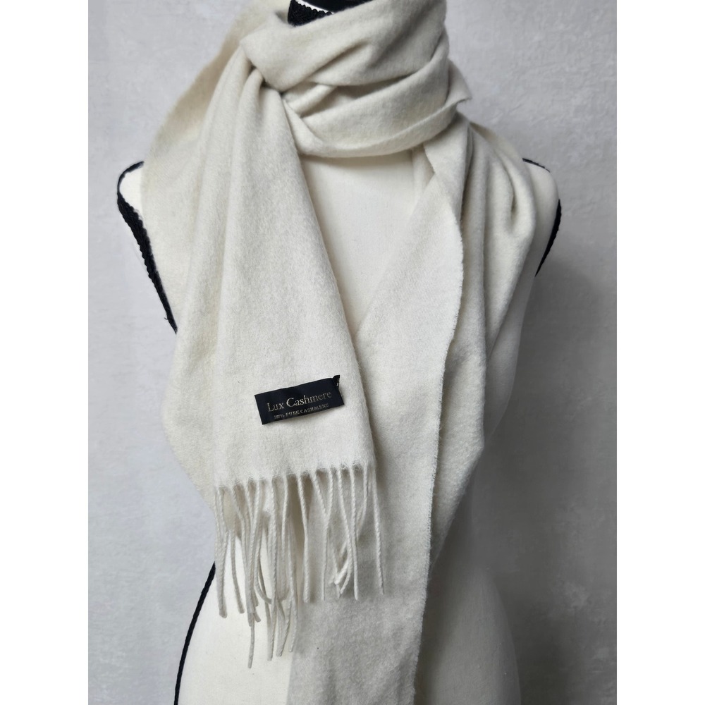 Lux Cashmere Scarf 100% Pure Cashmere Cream Off White Fringe Winter Wrap Luxury